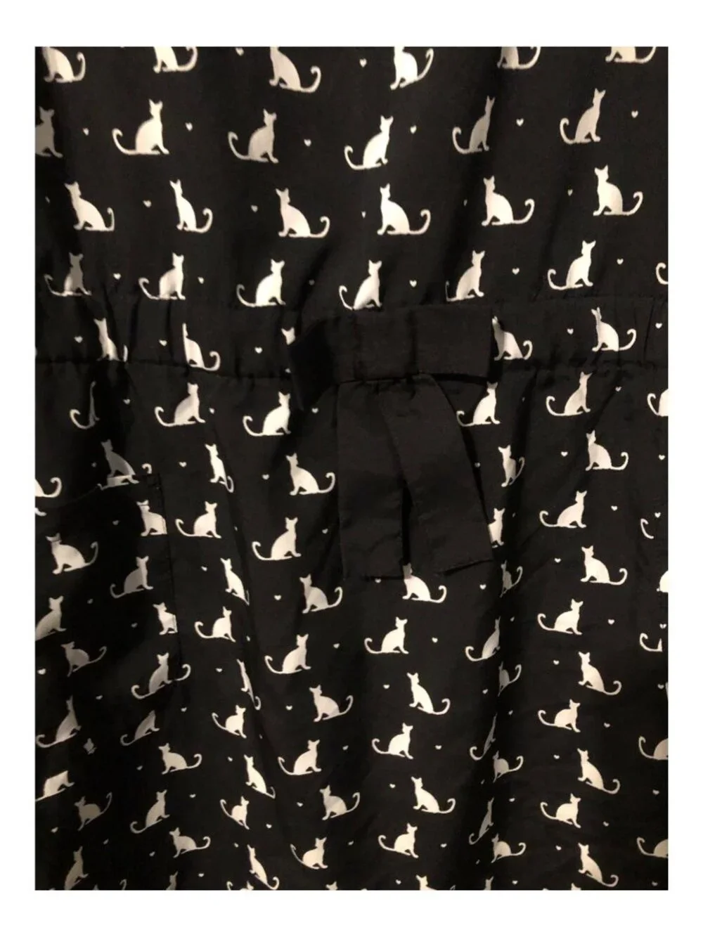 White Cat Print Black Short Sleeve Sun Dress Accent Bow Pockets Sz XL (14-6)